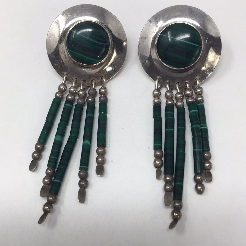 Sterling Malachite Earrings, Marked Sterling